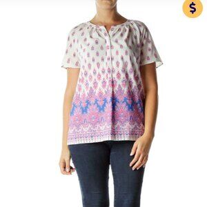 Talbots | White Pink and Blue Print Popover Short Sleeve Blouse Size XL